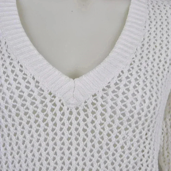 Tommy Hilfiger Open Knit Sweater White V-Neck Sheer  Cotton Size Large - Picture 3 of 8